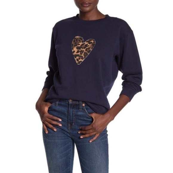 J. Crew Factory Teddie Sweater Black & Animal Leopard Print Intarsia Heart - Picture 1 of 9